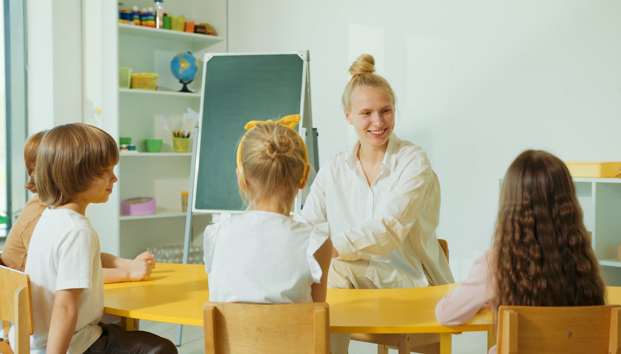 A teacher engaging directly with students.